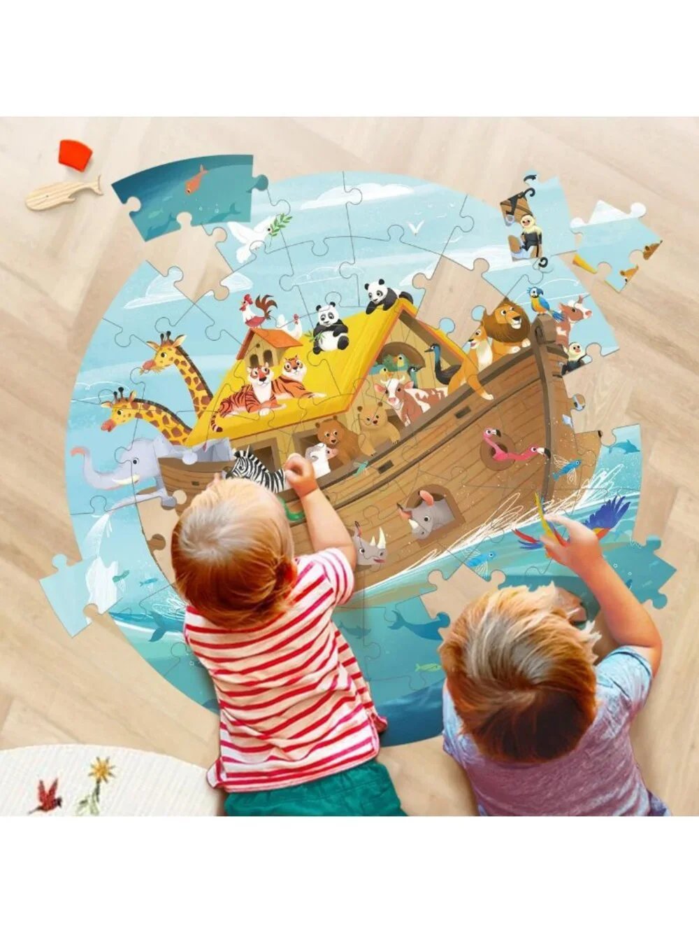 Wooden Noah's Ark Puzzle - 48 Piece Round Jigsaw for Kids 3-8, Educational